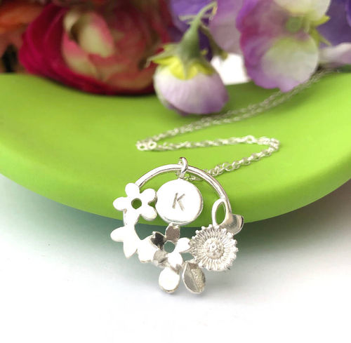 Personalised Sterling Silver Flower Initial Necklace, Silver