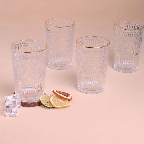 G Decor Set of 4 Dario Gold Rim Vintage Textured Wine Drinking Glasses 