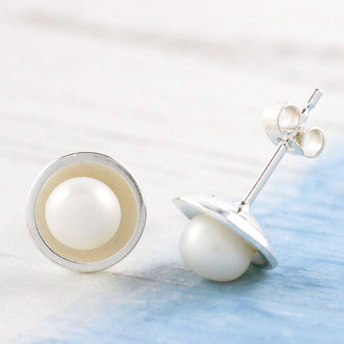 Silver Pearl Stud Earrings,...