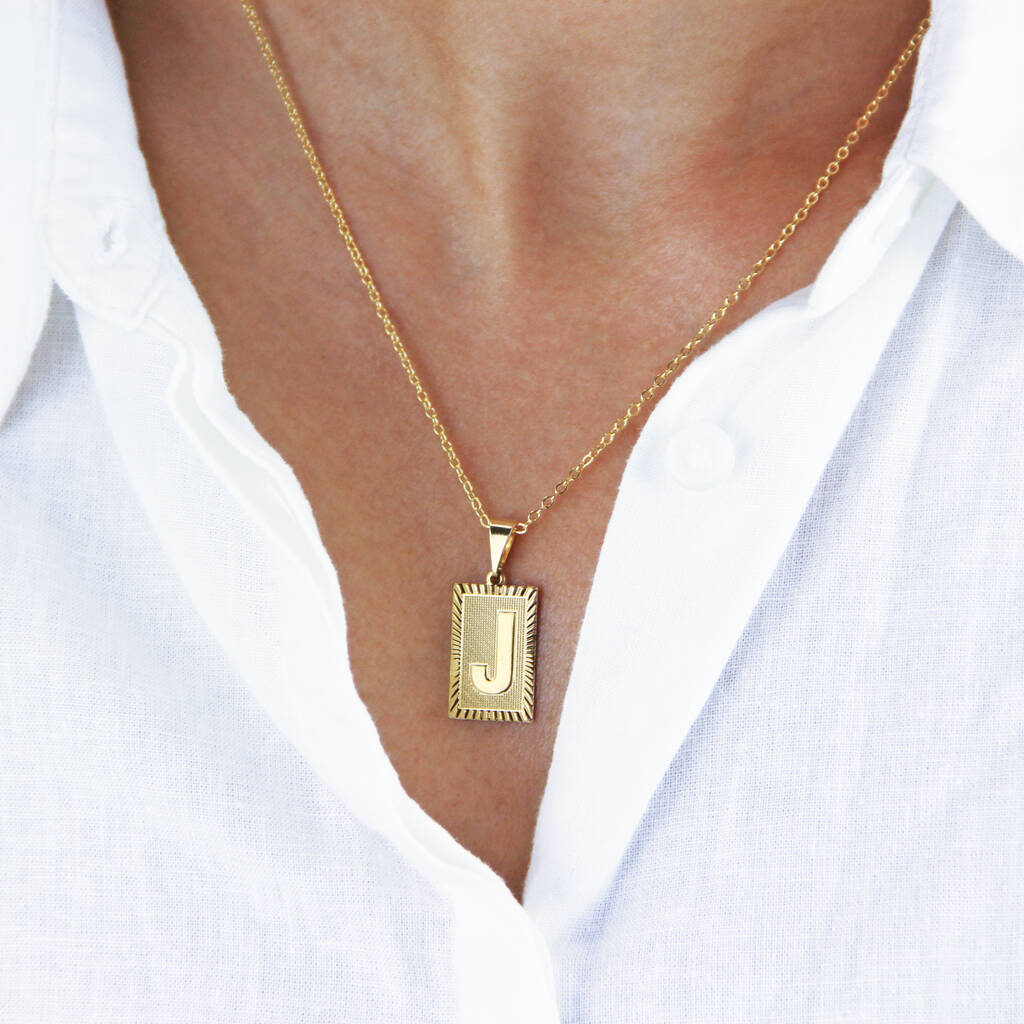 Rectangle Initial Letter Pendant Necklace Compare Closer