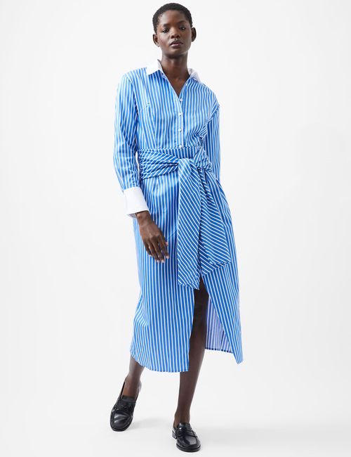 French Connection Women's Pure Cotton Striped Collared Midi Shirt Dress - 8 - White Mix, White Mix