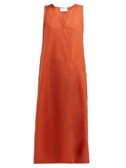 Asceno - V Neck Linen Midi Dress - Womens - Red