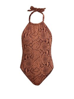 Mara Hoffman - Dominique Snake-print Halterneck Swimsuit - Womens - Brown