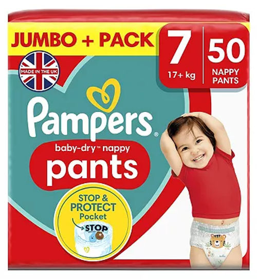 Pampers Baby-Dry Nappy Pants Size 7, 25 Nappies, 17kg+, Essential Pack, £12.00