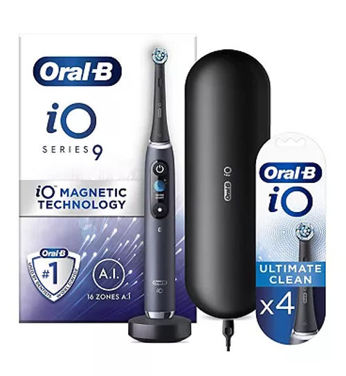 Oral-B iO9 Electric Toothbrush - Black Onyx + iO Ultimate Clean Black Replacement  Electric Toothbrush Heads 4 Pack Bundle, £240.00