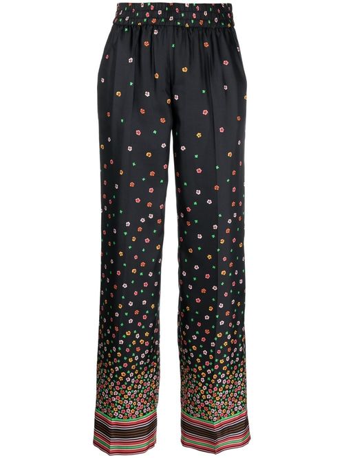 REDValentino Silk Pants With Flowers And Stripes Print - Pants for