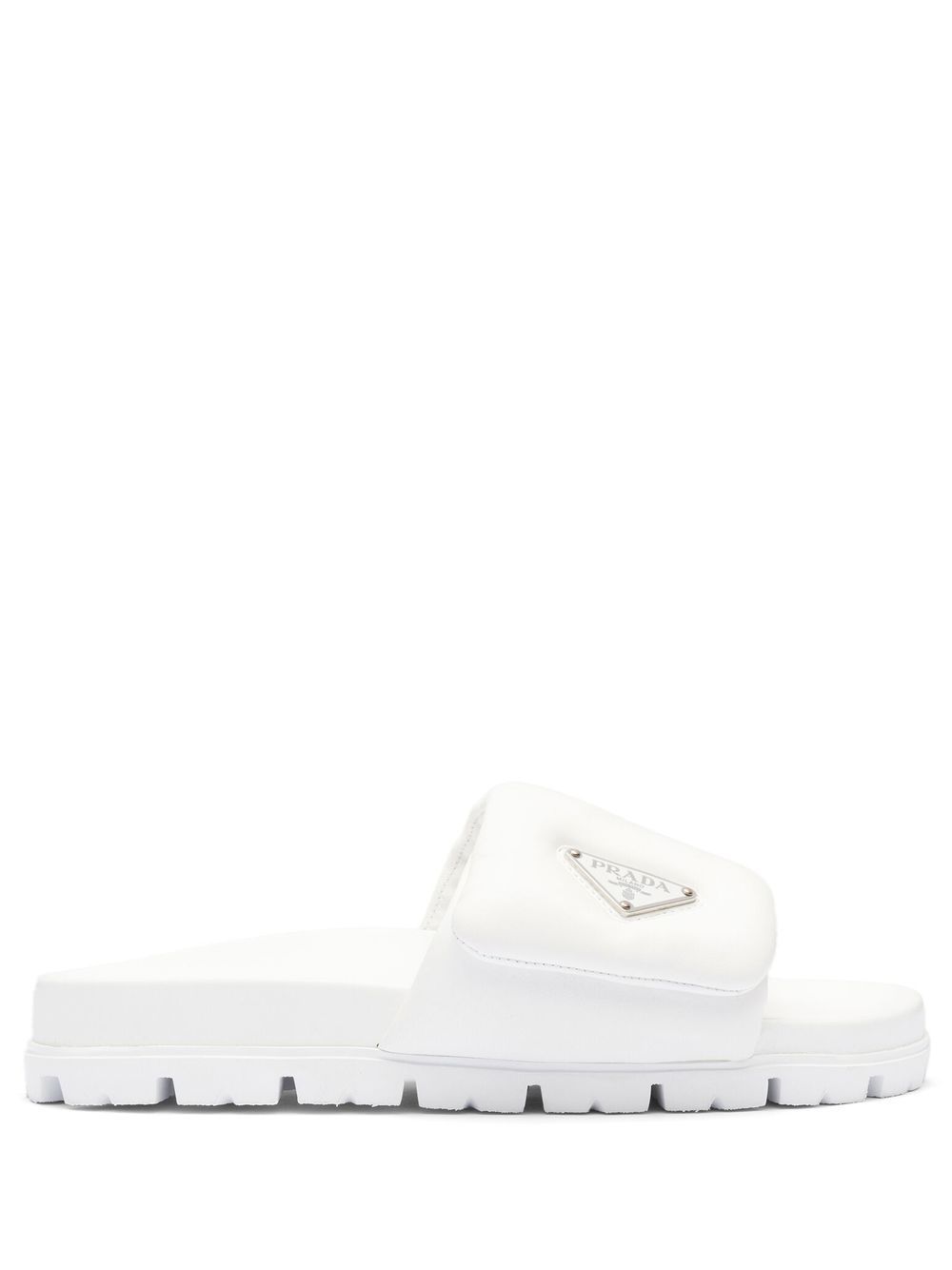 Prada logo plaque padded leather slides White 770.00 Port