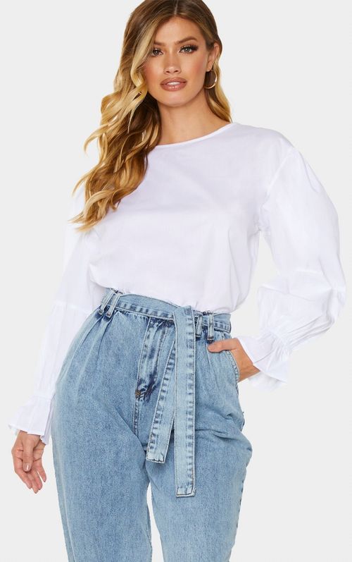 White Woven Puff Sleeve...