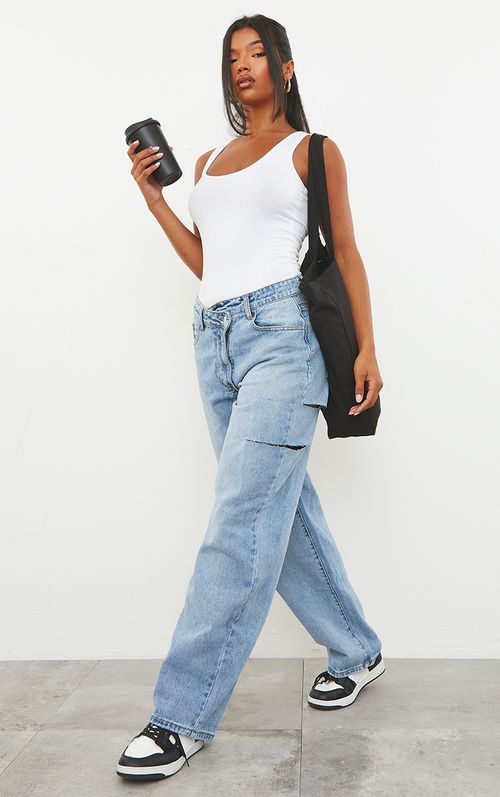 Light Blue Wash Thigh Split Baggy Boyfriend Jeans