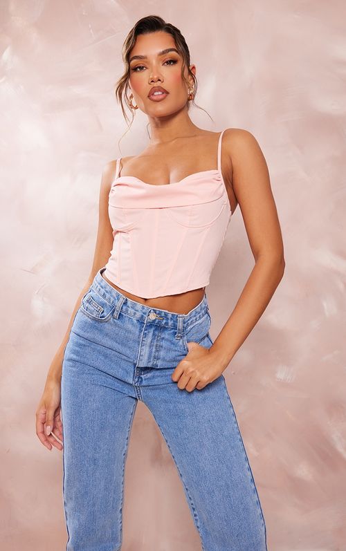 Bright Pink Diamanté Detail Denim Corset Top, Bright Pink, Compare