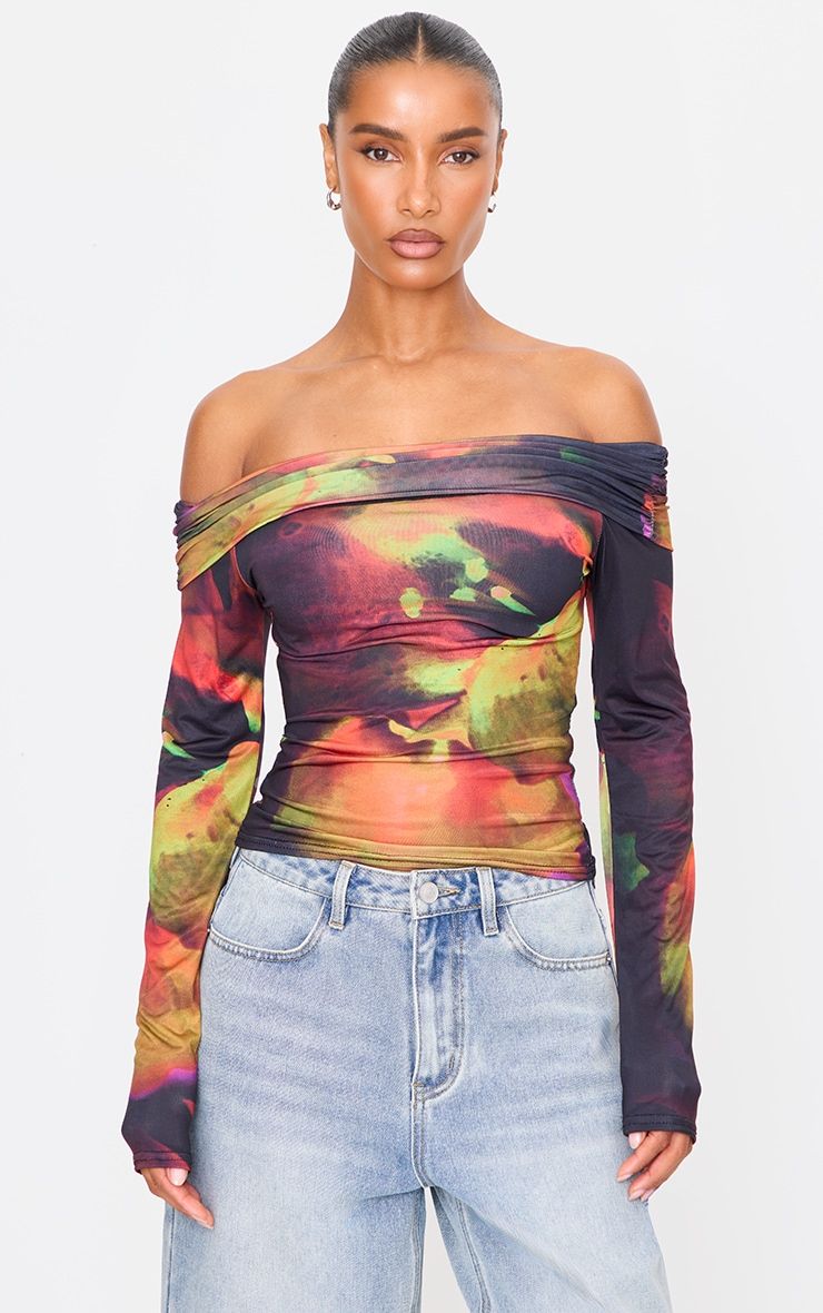 Black baroque print woven corset bardot top shop