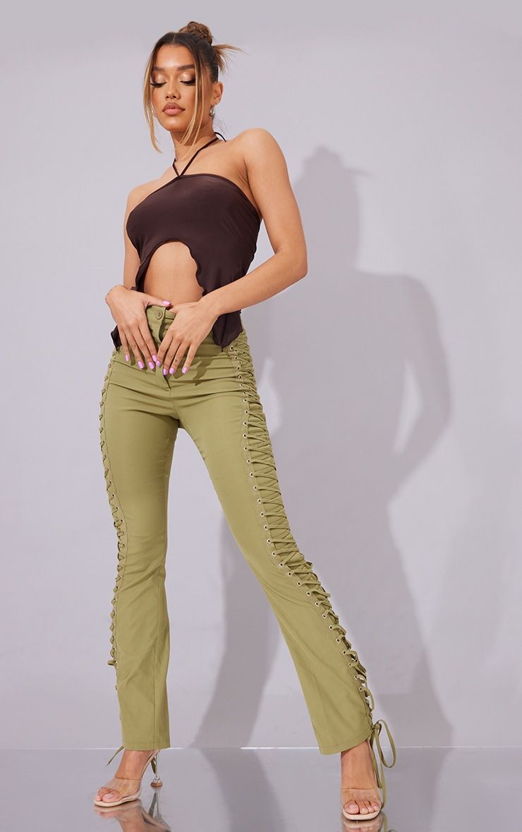 Women Lace UP Hollow Out PU Sexy Pants High Waist Skinny Bandage Club  Trousers C | eBay