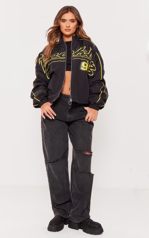 Plt Black Slogan Boxy Cropped Windbreaker Jacket