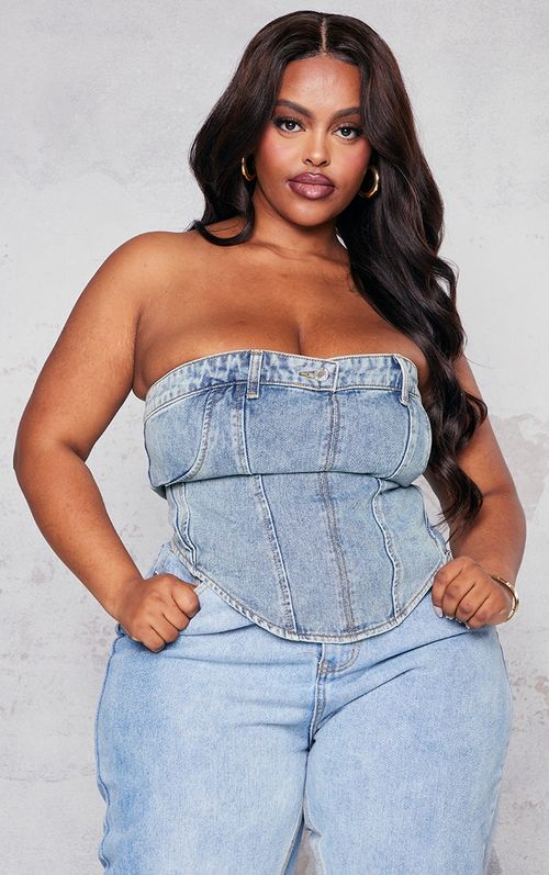 Plus Vintage Light Wash Seam Detail Denim Corset