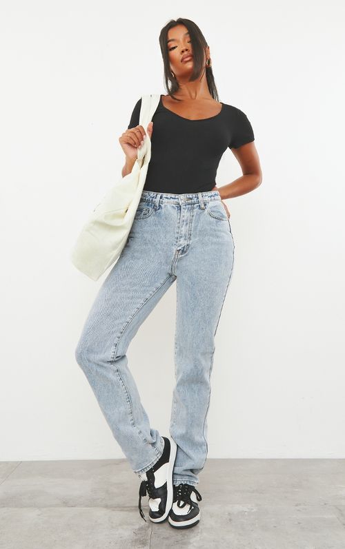 Light Blue Wash Asymmetric Waistband Long Straight Leg Jeans