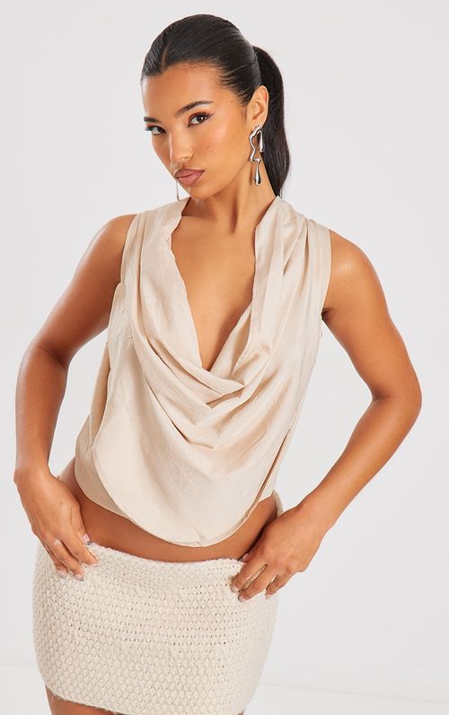 Cream Hammered Satin Cropped Cowl Neck Cami Top