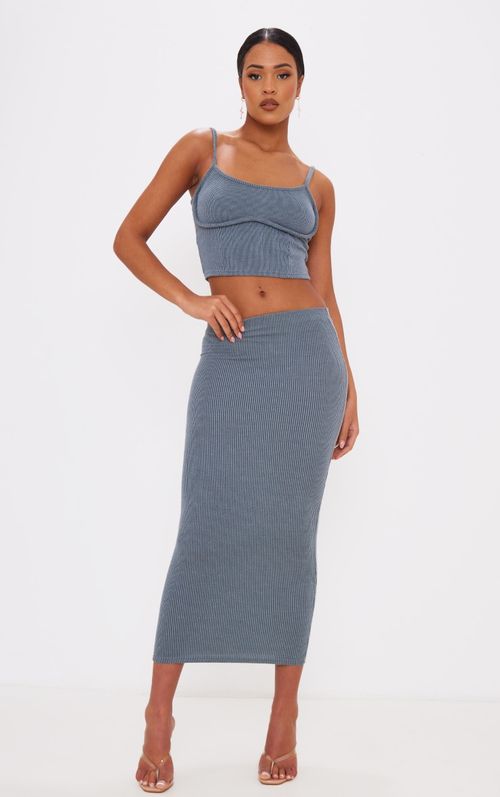 Charcoal Grey Crinkle Rib Curved Waist Maxi Skirt