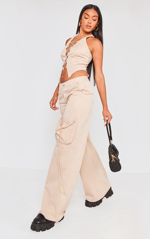 Petite Stone Lace Up Bandeau Cargo Pocket Jumpsuit