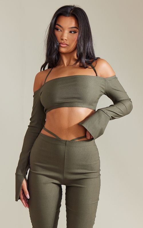 Stone Stretch Woven Halter Neck Side Crop Top