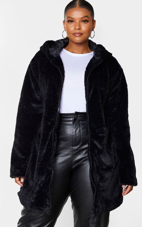 Plus Black Hooded Faux Fur...