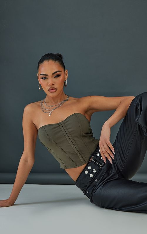 Dark Khaki Stretch Woven Boned Corset Crop Top