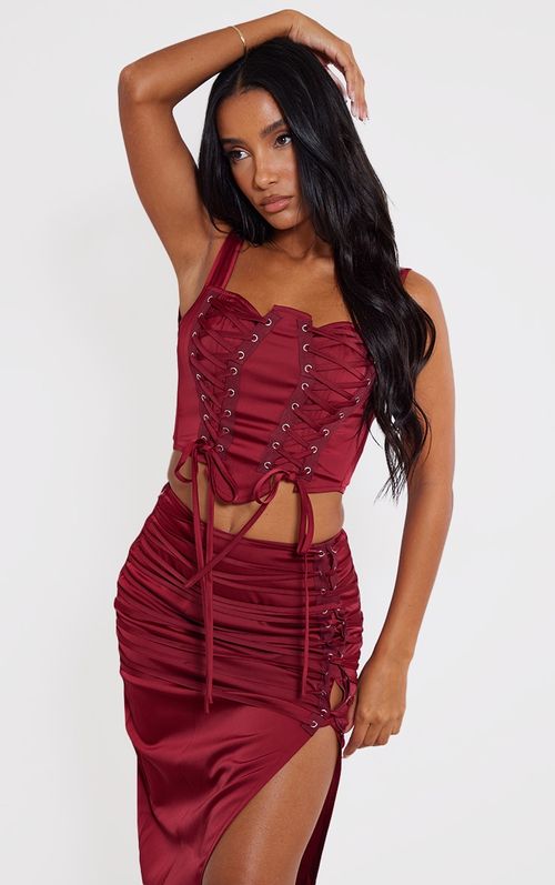 Cherry Red Lace Trim Satin Corset, Tops