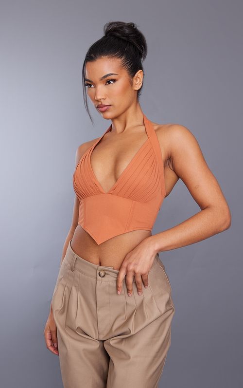 Rust Cargo Pleated Bust Plunge Crop Top, Orange, Compare