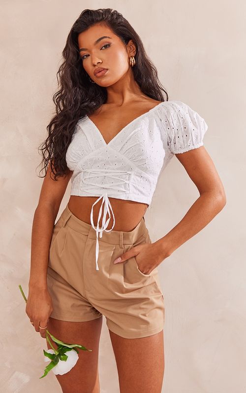 White Rib Lace Up Strappy Back Halter Crop Top