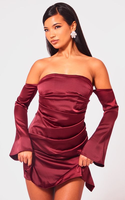 Champagne Satin Pleat Detail Bardot Bodycon Dress