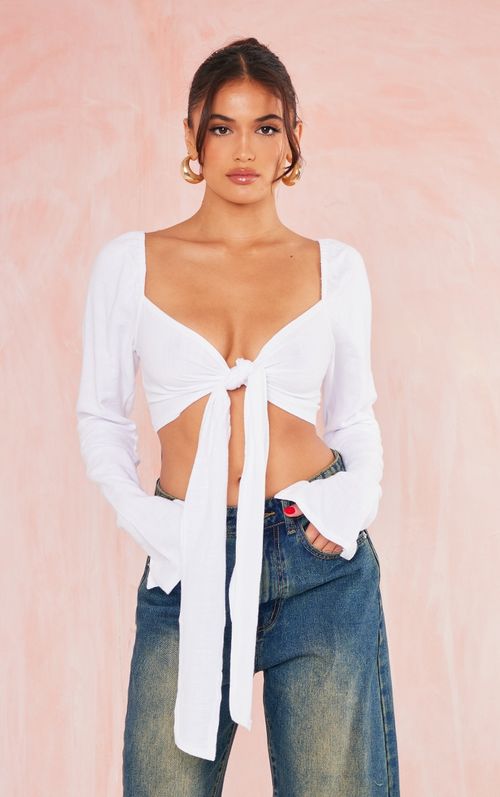 White Linen Feel Knot Front Plunge Shirt