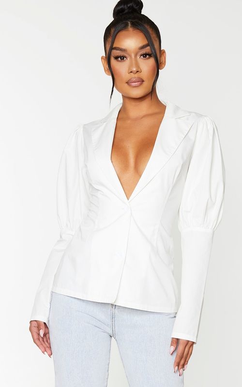 White Woven Puff Sleeve...