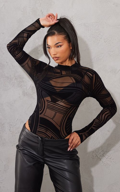 Black Burnout Web Long Sleeve Backless Bodysuit