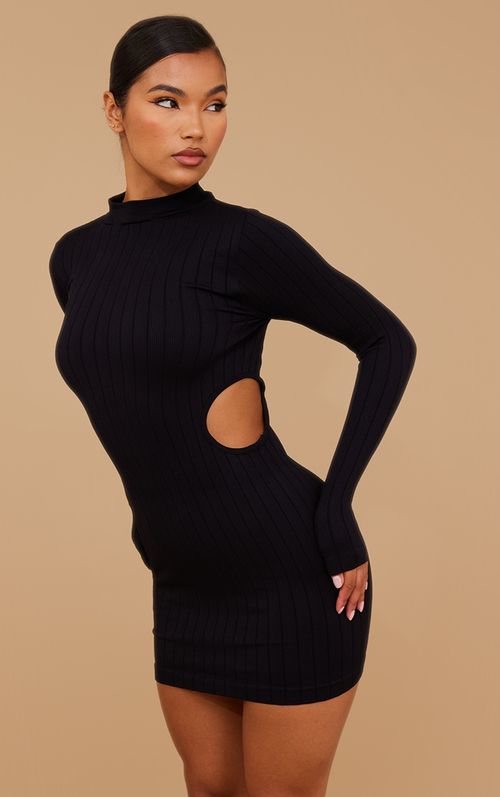 Black Structured Contour Rib Cap Sleeve Bodycon Dress, Black