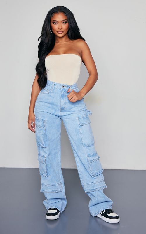 Light Blue Wash Cargo Front Pocket Baggy Boyfriend Jeans