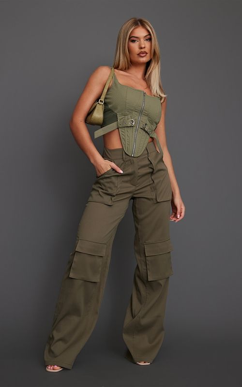 Khaki Twill Pocket Detail High Waist Cargo Trousers