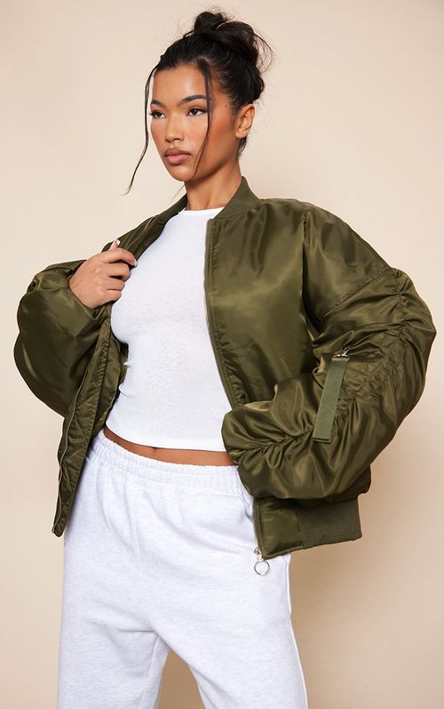 Khaki Oversized Ruched Sleeve...