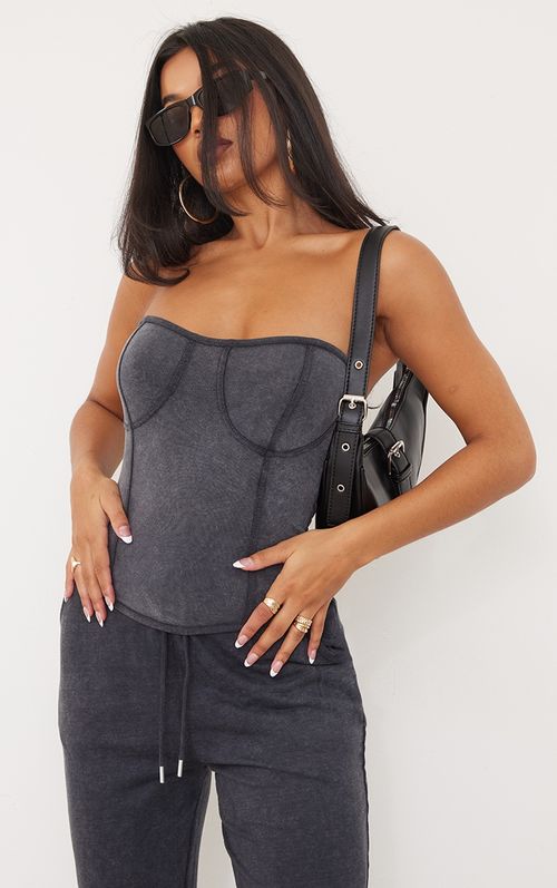 Washed Grey Distressed Cup Denim Corset Top