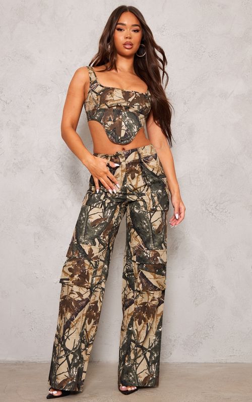 PrettyLittleThing + Plus Khaki Twill Pocket Detail High Waist Cargo Pants