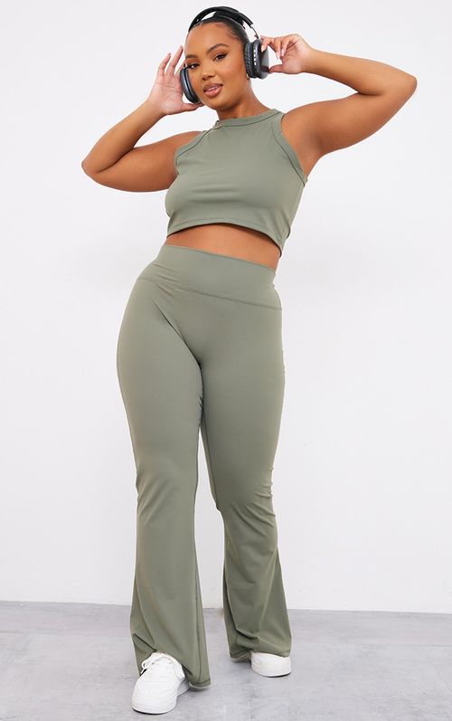 Plus Khaki Acid Wash Seamless Rib Flare Yoga Pants