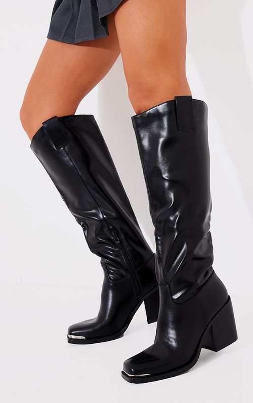 Black PU Square Toe Knee High...