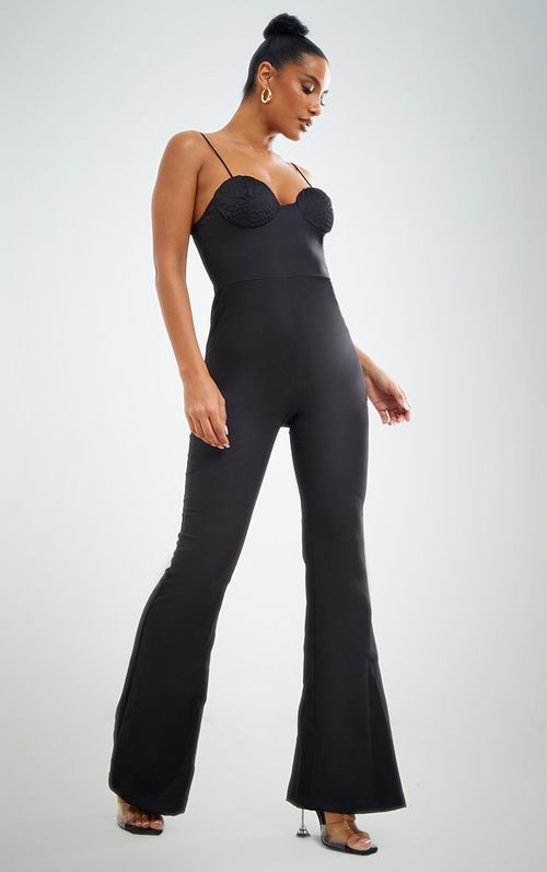 Black Lace Boning Detail Strappy Flared Jumpsuit