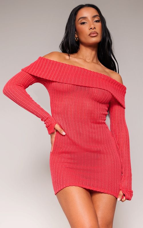 Red Bardot Frill Sleeve Draped Midi Dress