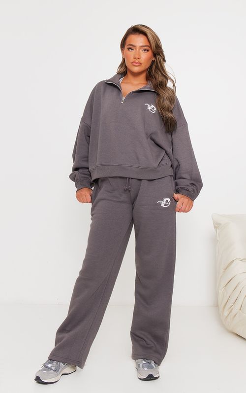 Prettylittlething Grey Embroidered Cuffed Track Pants