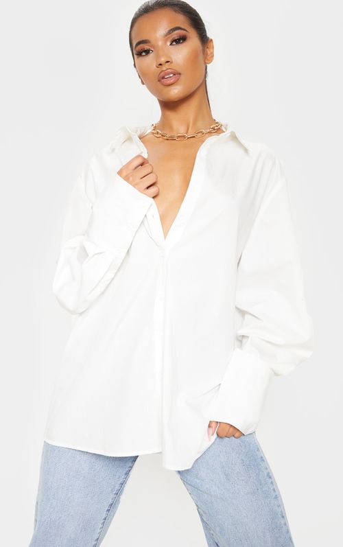 White Oversized Cuff Shirt,...