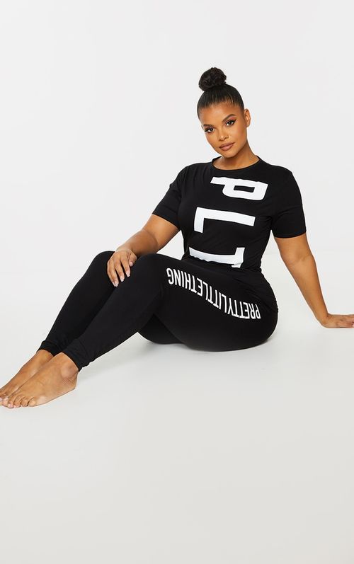 PRETTYLITTLETHING Plus Black Legging PJ Set, Black