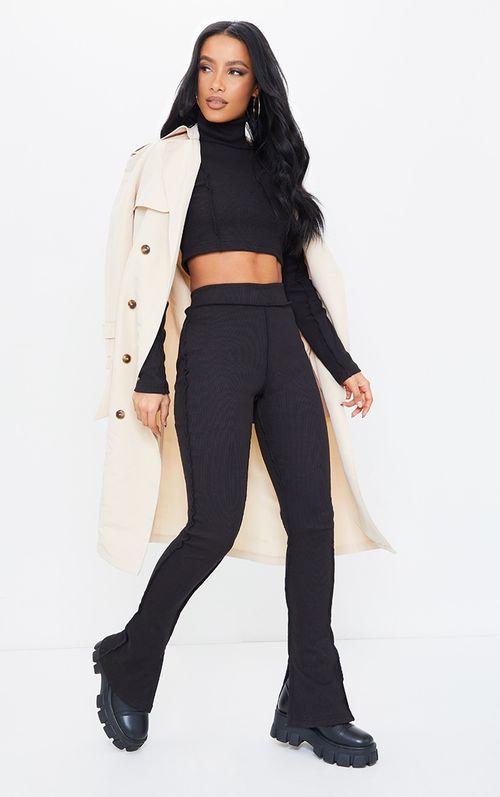 Black Knitted Split Hem Flare Pants