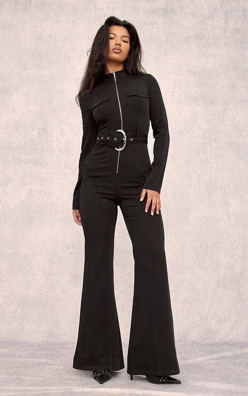 Black Zip Up Belted Tailored...