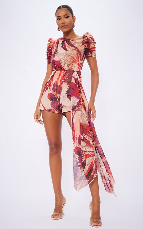 Red Floral Asymmetric Neck...