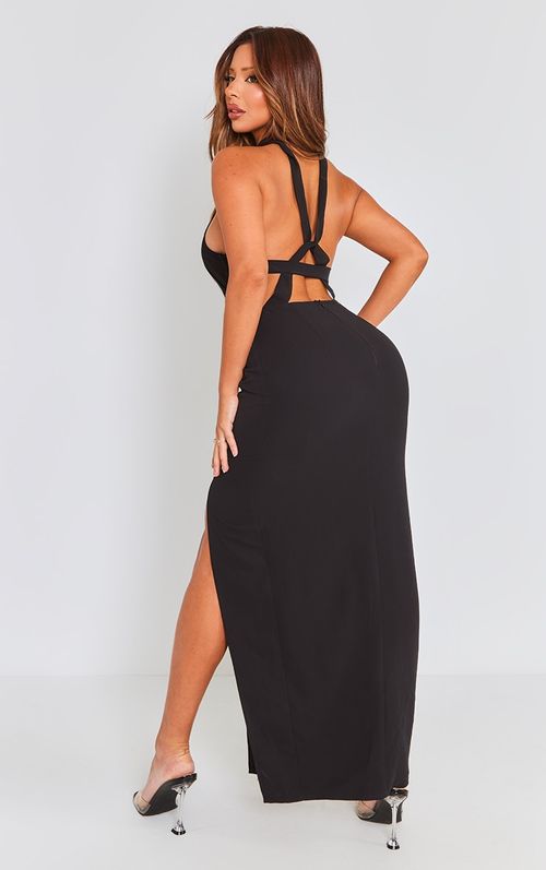 Black Acetate Slinky Low Back High Neck Midaxi Dress