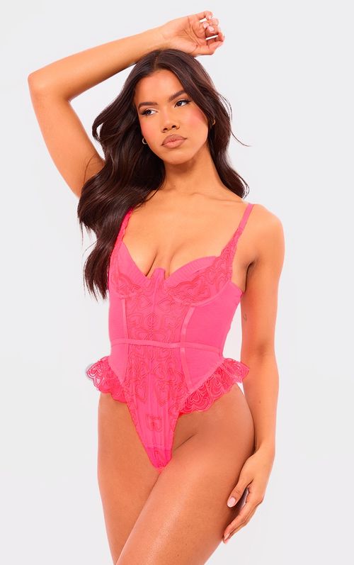 Hot Pink Floral Embroidered Harness Lingerie Set